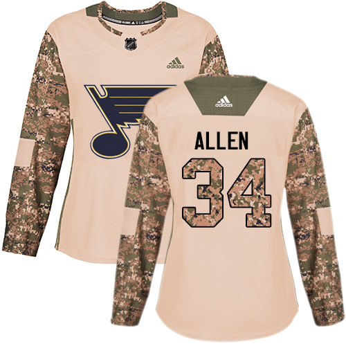 Adidas Blues #34 Jake Allen Camo Authentic Veterans Day Women's Stitched NHL Jersey